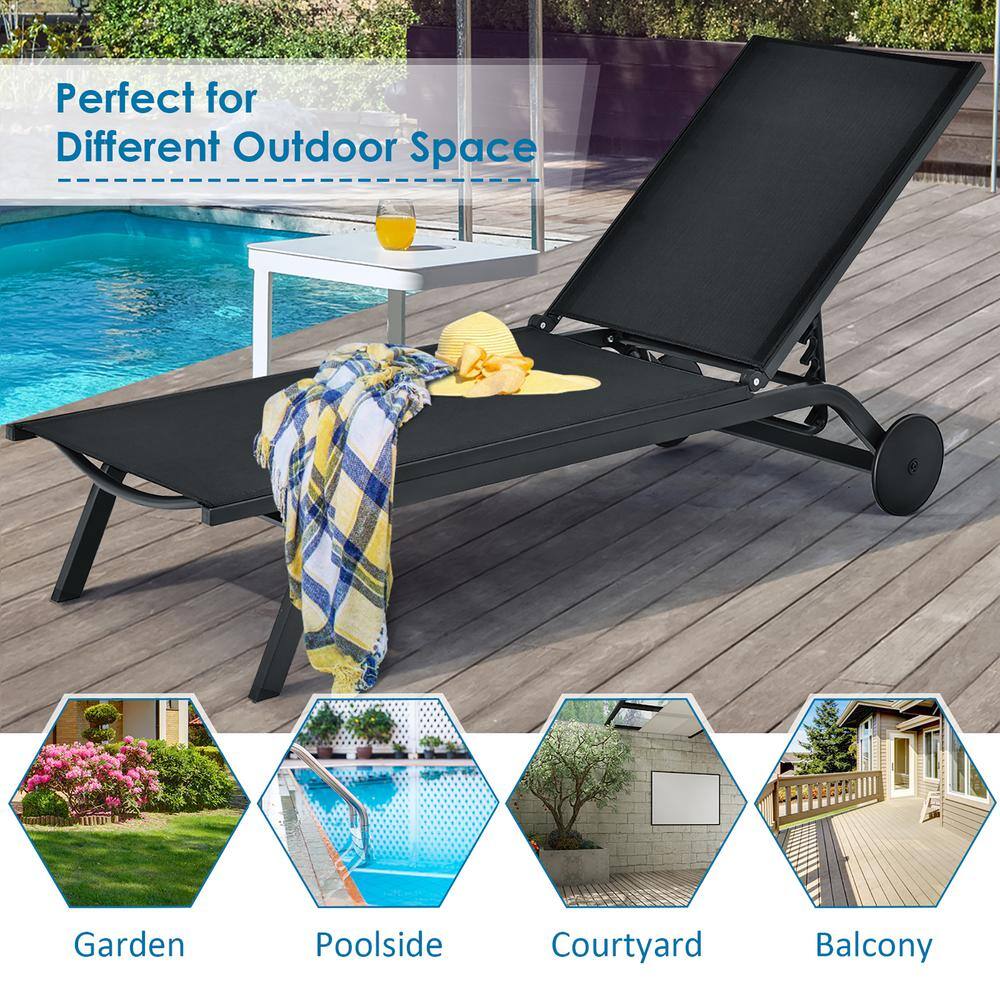 Sleek Black Aluminum Outdoor Chaise Lounge with Adjustable Backrest