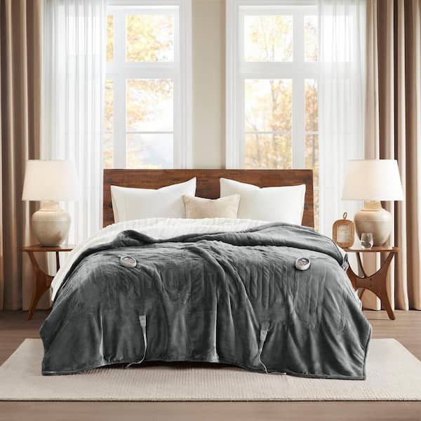 Heated Plush to Berber Grey Polyester Twin Electric Blanket