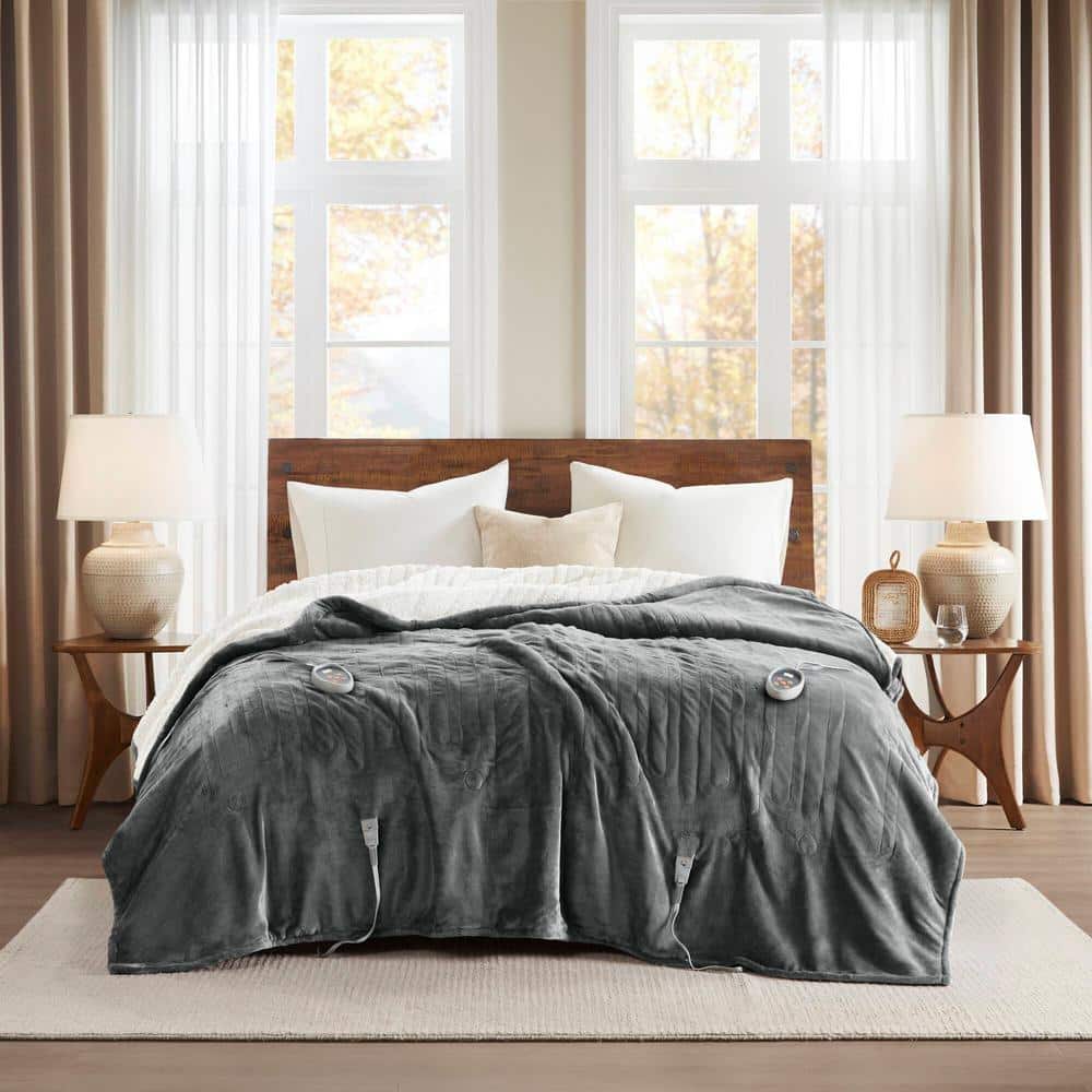 Full Gray Plush to Berber Electric Heated Blanket