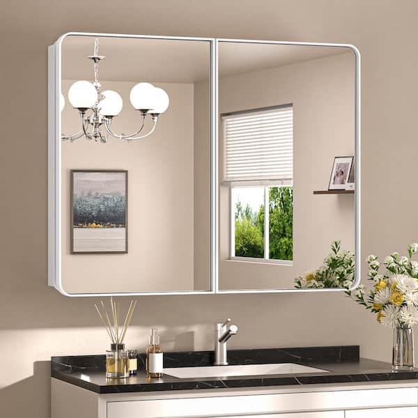 KeonJinn 40 in. W x 32 in. H Rectangular White Stainless Steels Framed Recessed/Surface Mount Medicine Cabinet with Mirror