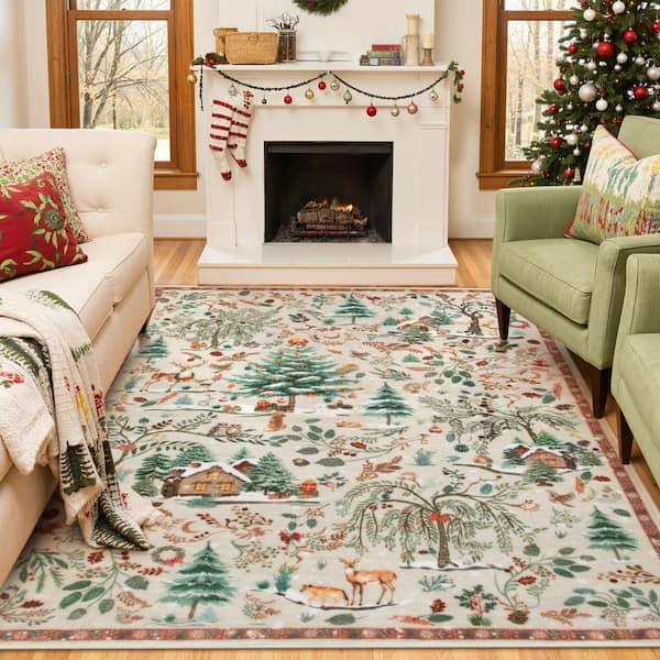 Christmas Woodland Forest Beige Trees Animals Snowflake Non-Slip 5 ft. x 7 ft. Living Room/Bedroom Indoor Area Rug