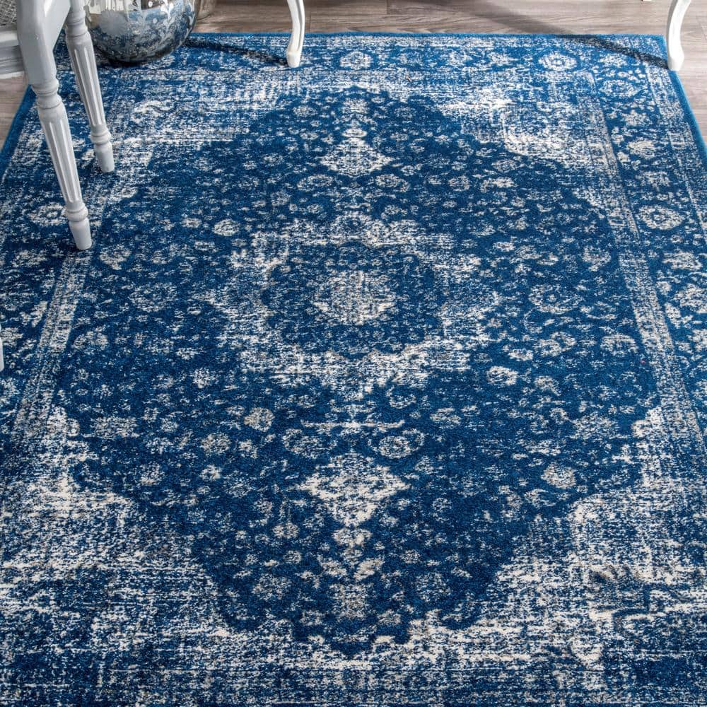 Dark Blue Medallion Synthetic Square Area Rug 8' x 8'