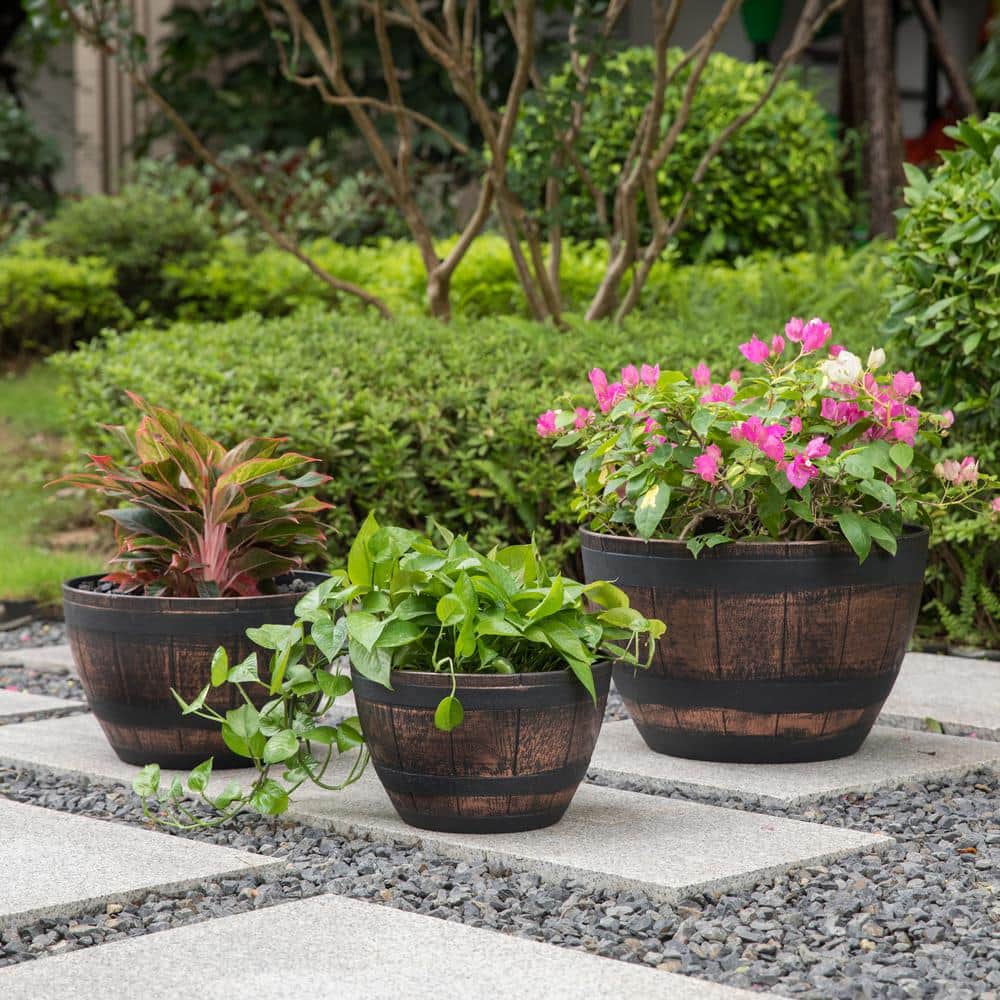 Small Brown Rustic Plastic Half Barrel Planter Bowl