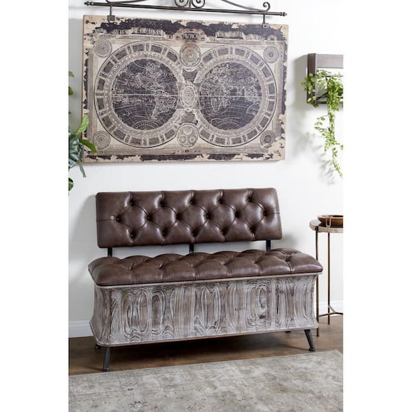 Litton Lane Brown Storage Bench with Tufted Faux Leather Seat and Back 32 in. X 47 in. X 20 in.