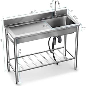 47.2 in. Freestanding Stainless Steel 1-Compartment Commercial Kitchen Sink with Faucet, Basin, Legs, and Undershelf