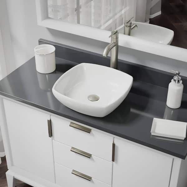 Rene Porcelain Vessel Sink in Biscuit with 7001 Faucet and Pop-Up Drain in Brushed Nickel