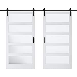 84 in. x 84 in. 5 Lite Tempered Frosted Glass and Solid Core MDF White Primed Sliding Barn Door with Hardware Kit