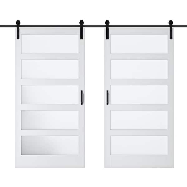 ARK DESIGN 84 in. x 84 in. 5-Lite Tempered Frosted Glass and Solid Core MDF White Primed Sliding Barn Door with Hardware Kit