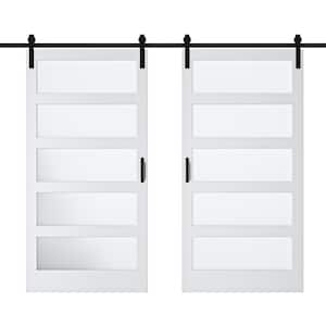 84 in. x 84 in. 5 Lite Tempered Frosted Glass White Primed MDF Wood Sliding Barn Door with Hardware Kit and Soft Close