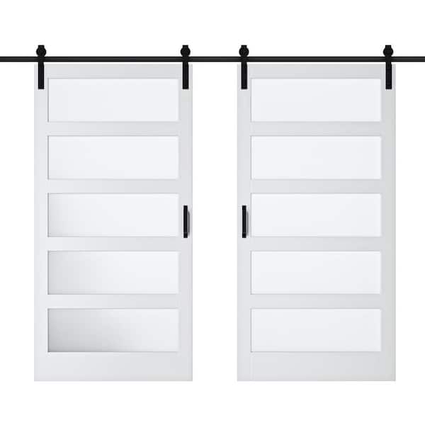 ARK DESIGN 96 in. W. x 84 in. 5-Lite Tempered Frosted Glass and Solid Core MDF White Primed Sliding Barn Door with Hardware Kit
