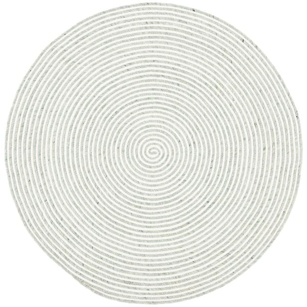 Braided Green Ivory Doormat 3 ft. x 3 ft. Abstract Striped Round Area Rug