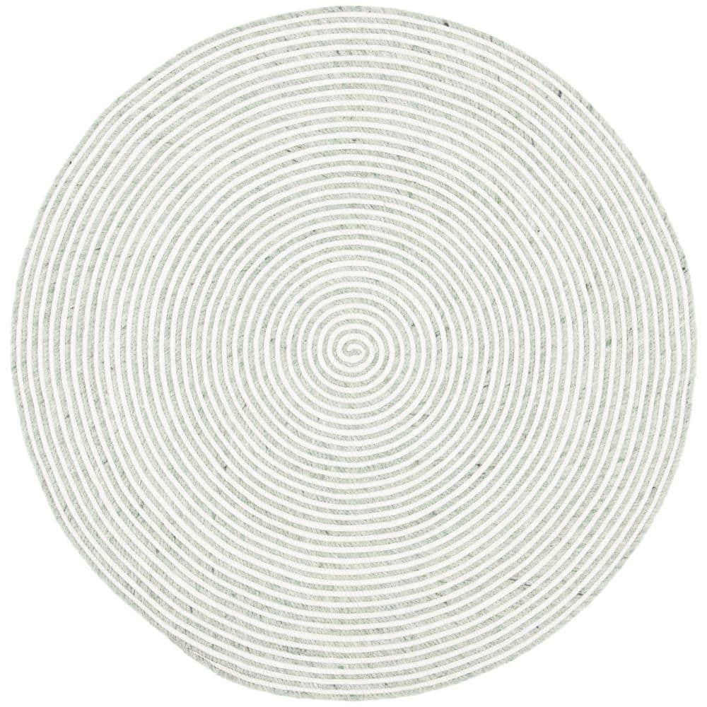 Handmade Ivory and Green Braided Wool Round Rug, 4' x 4'