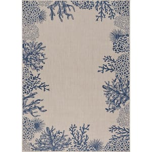 Naira Coastal White/Navy Blue 5 ft. 3 in. x 7 ft. Bordered Coral Reef Polypropylene Indoor/Outdoor Area Rug