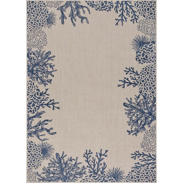 LR Home Naira Coastal White/Navy Blue 7 ft. 6 in. x 9 ft. 5 in. Bordered Coral Reef Polypropylene Indoor/Outdoor Area Rug