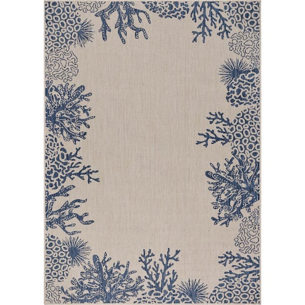 Naira Coastal White/Navy Blue 1 ft. 10 in. x 3 ft. Bordered Coral Reef Polypropylene Indoor/Outdoor Area Rug
