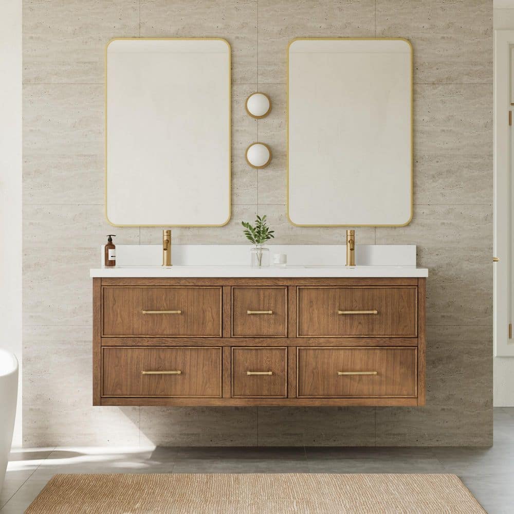 Isola WM 60 in. Double Wall-Mounted Toasted Walnut with Satin Bronze Trim Bath Vanity with White Quartz Top price history on PriceWatchPro