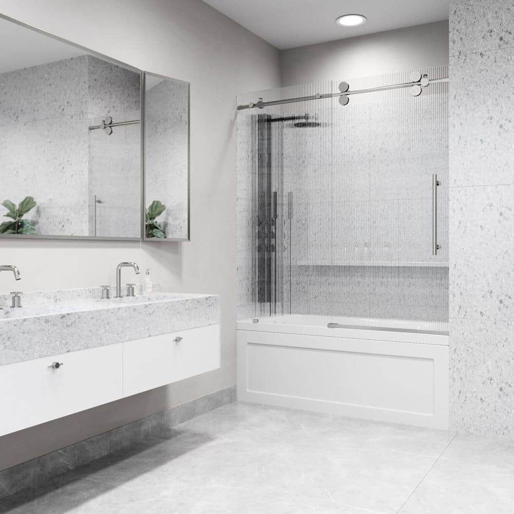 Elan Frameless Sliding Tub Door in Stainless Steel with Fluted Glass