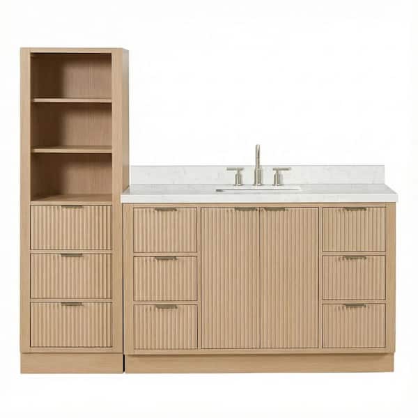Milan 54 in. Single Sink Bath Vanity with Carrara White Quartz Top and Linen Cabinet in Oak