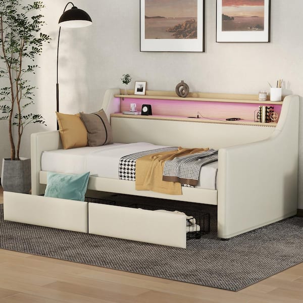 Beige Twin Size PU Leather Daybed with Drawers Charging Station and LED Lights