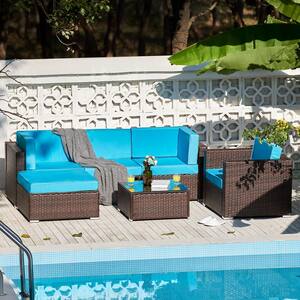 Walnut 6-Piece Wicker Outdoor Sectional Set with Blue Cushions and Tempered Glass Coffee Table