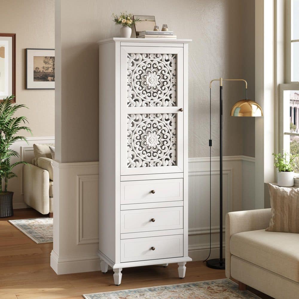 White 63 in. H Vintage Storage Cabinet with 3 Drawers, Retro Display Cabinet for Living Room Entryway Dining Room