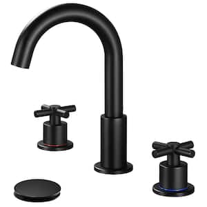 8 in. Widespread Double Handle Bathroom Faucet 3 Hole Sink Faucet with 360 Rotation and Pop-Up Drain in Matte Black