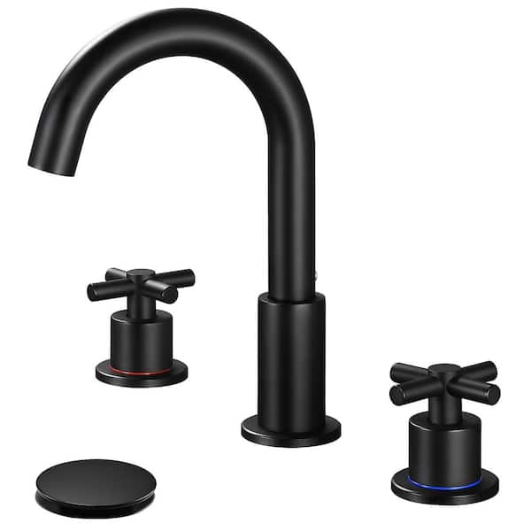 AKLFGN 8 in. Widespread Double Handle Bathroom Faucet 3 Hole Sink Faucet with 360 Rotation and Pop-Up Drain in Matte Black