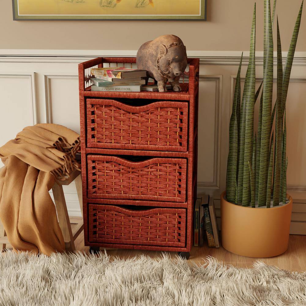Rustic Mahogany 3-Drawer Natural Fiber Freestanding Chest