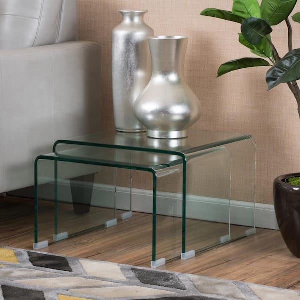 Noble House 2-Piece 18 in. Clear Small Rectangle Glass Coffee Table Set with Nesting Tables