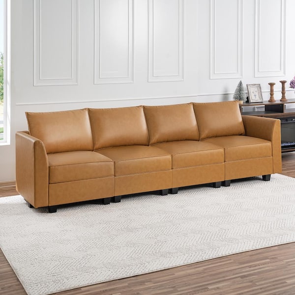 MAYKOOSH 112.8 in. Contemporary 1-Piece Caramel Faux Leather 4-Seater Upholstered Sectional Sofa Bed
