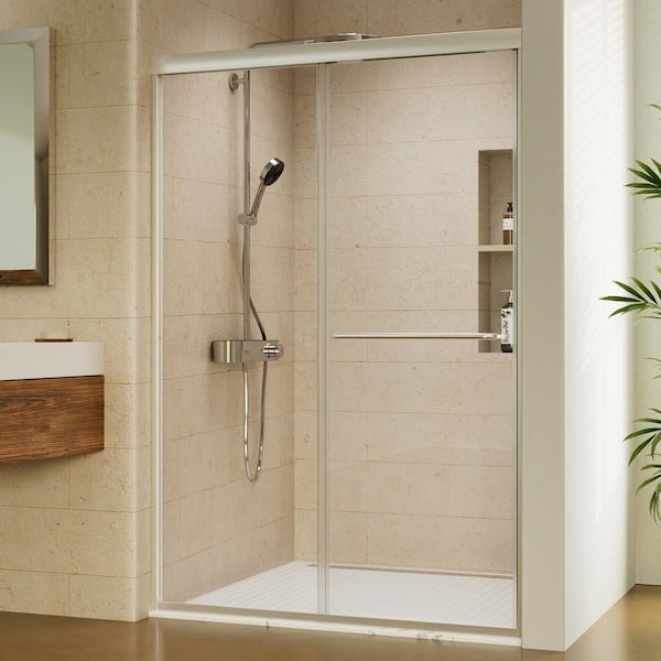 44-48 in. W x 70 in. H Sliding Framed Shower Door in Brushed Nickel with 1/4 in. (6 mm) Clear Glass