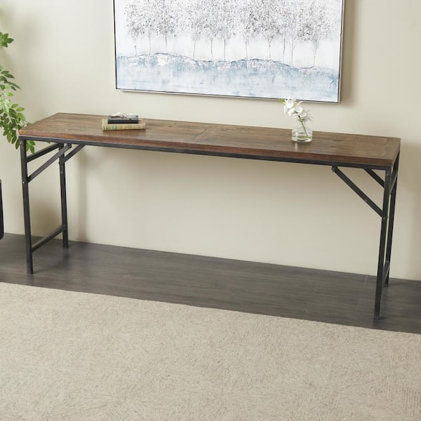 Litton Lane 31 in. x 72 in. Dark Brown Rectangle Teak Wood Long Console Table with Black Metal Legs