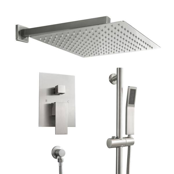Dimakai 2-Spray Patterns with 1.8 GPM 12 in. Wall Mount Dual Shower Heads in Brushed Nickel (Lifting Bar Include)