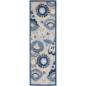 Aloha Blue/Gray 2 ft. x 8 ft. Kitchen Runner Floral Contemporary Indoor/Outdoor Patio Area Rug