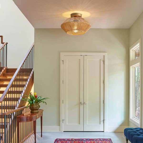 12.6 in. 1-Light Yellow Handcrafted Woven Rattan Lamp Shade Rustic Chandelier for Foyer Hallway