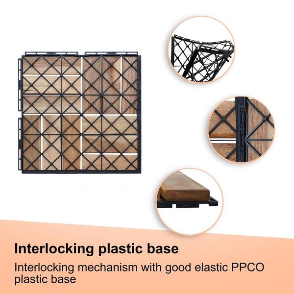 Amucolo 12 in. x 12 in. Checker Pattern Acacia Wood Interlocking Deck Tiles in Yellow for Patio, Pool Side (Set of 30 Tiles)