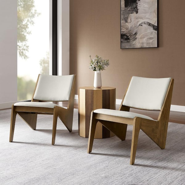 Rylina Faux Leather Accent Chair Set of 2 in Weathered Oak Stone - Mid Century Modern Wood Armless Chairs