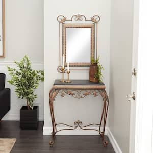 23 in. Bronze Extra Large Rectangle Metal Leaf Console Table with Mirror with Scrolled Legs (2- Pieces)