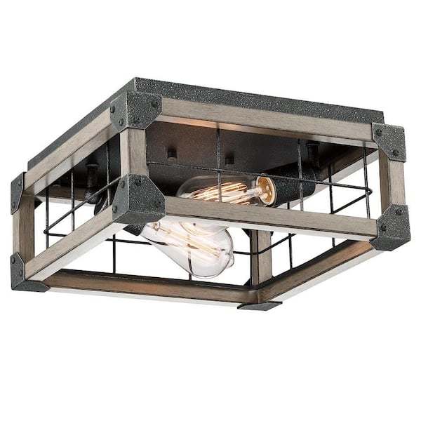 Uixe 13.00 in. 2-Light Farmhouse Anchor Grey Oak and Old Silver Flush Mount Ceiling Light