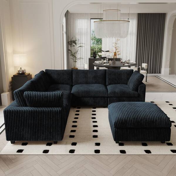 118 in. Square Arm Velvet 6-Piece Free Combination Comfy Couch Cloud Modular Sectional Sofa with Storage Ottoman, Black