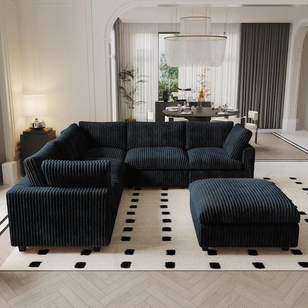 Lawson Cloud Couch 118 in. Square Arm Velvet Solid Wood Modular Convertible Sofa with Ottoman, Washable Covers in. Black