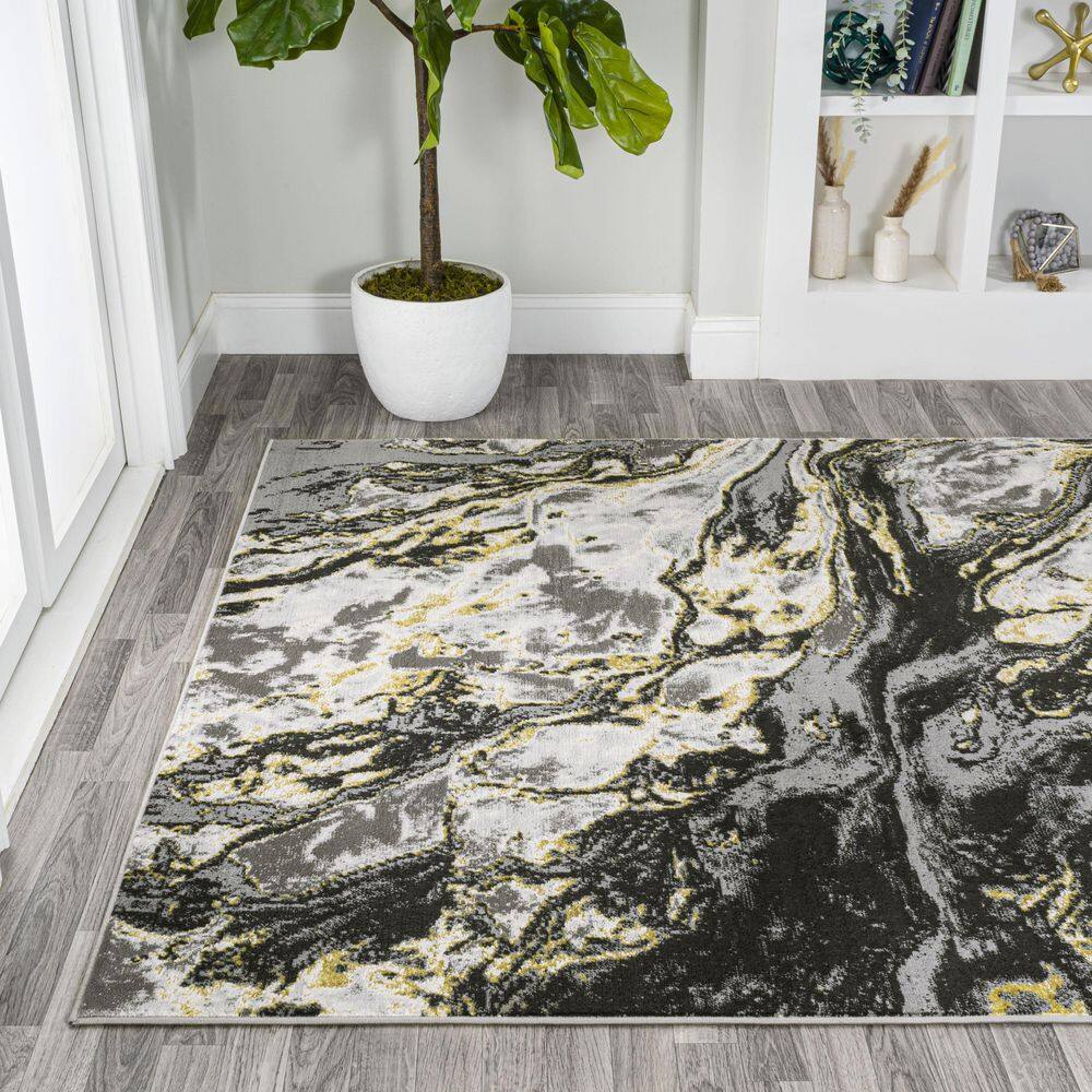 Abstract Swirl Marbled 5x8 Black/Yellow Synthetic Area Rug