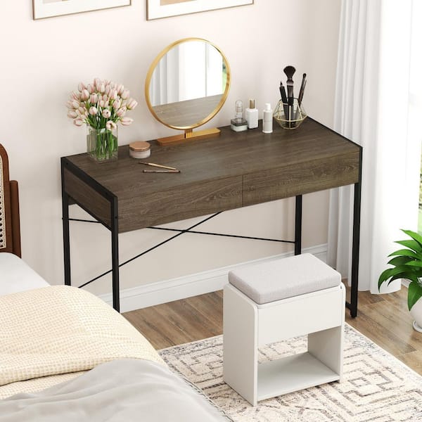 44 in. Brown Modern 2-Drawer Computer Desk w/ Reinforced Heavy-Duty Metal Frame Anti-Tip Kit