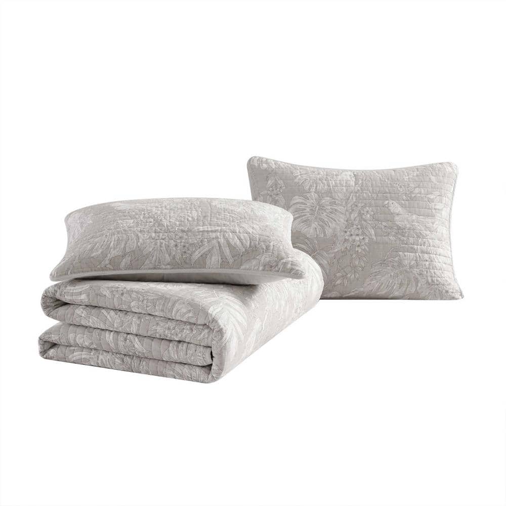 Gray Twin Cotton Reversible Quilt Set with Plant Motif