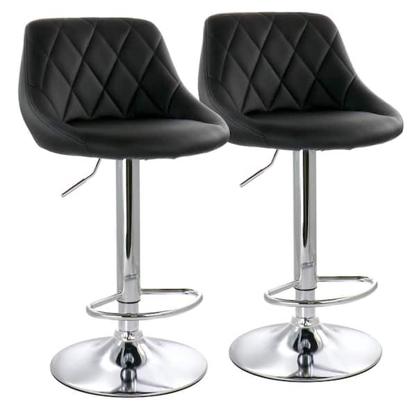 Elama 33 in Black and Chrome Low Back Diamond Stitched Faux Leather Bar Stool with Adjustable Height (Set of 2)