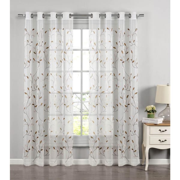 CREATIVE HOME IDEAS Wavy LeavesBrown Beige White 54 in. W x 96 in. L Embroidered Grommet Sheer Curtain (Single Panel)