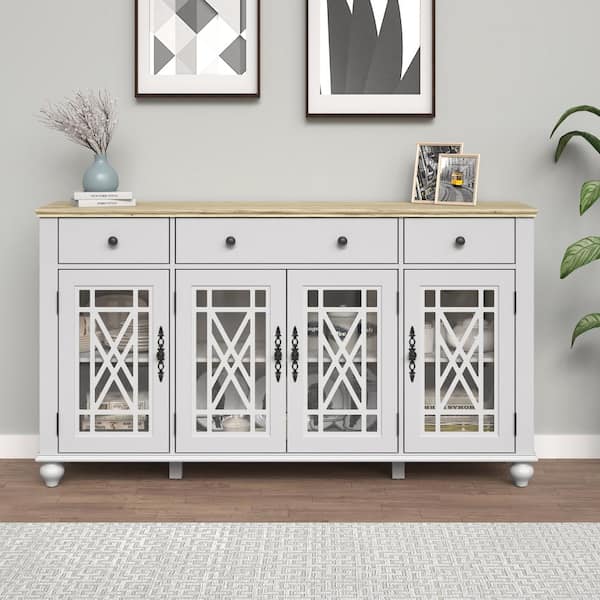 Vintage White 63 in. W Storage Buffet Sideboard with Adjustable Shelves and Drawers