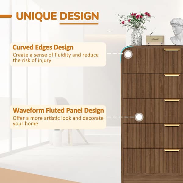 Brown 5-Drawer 31.5 in. W MDF Chest of Drawers, Waveform Fluted Design Bedroom Dresser, Round Corner