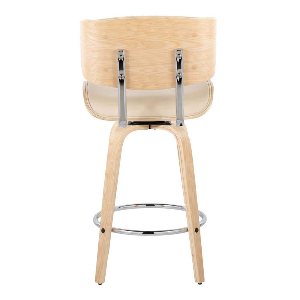 Lombardi 26" Beige Faux Leather and Walnut Wood Swivel Counter Stools - Set of 2