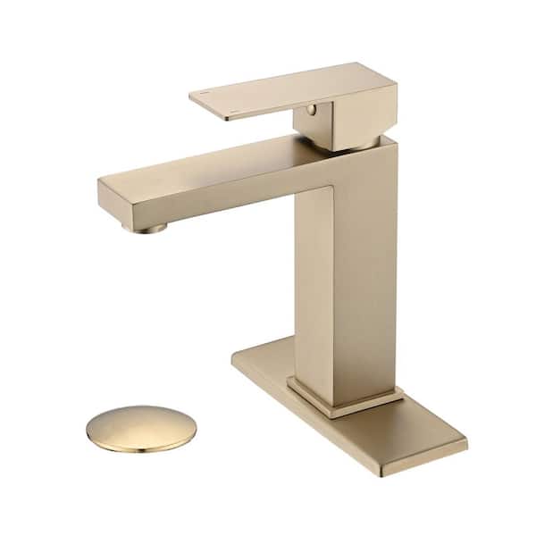 PROOX Single-Handle Single Hole Bathroom Faucet with Deck Plate and Drain Assembly in Brushed Gold